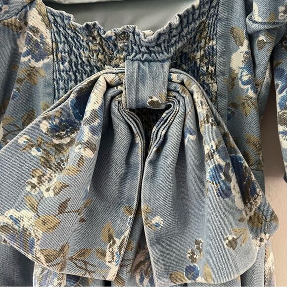 Avec Les Filles NWT Dress Denim Floral Smocked Puff Sleeve Bow Size Small - Picture 5 of 9